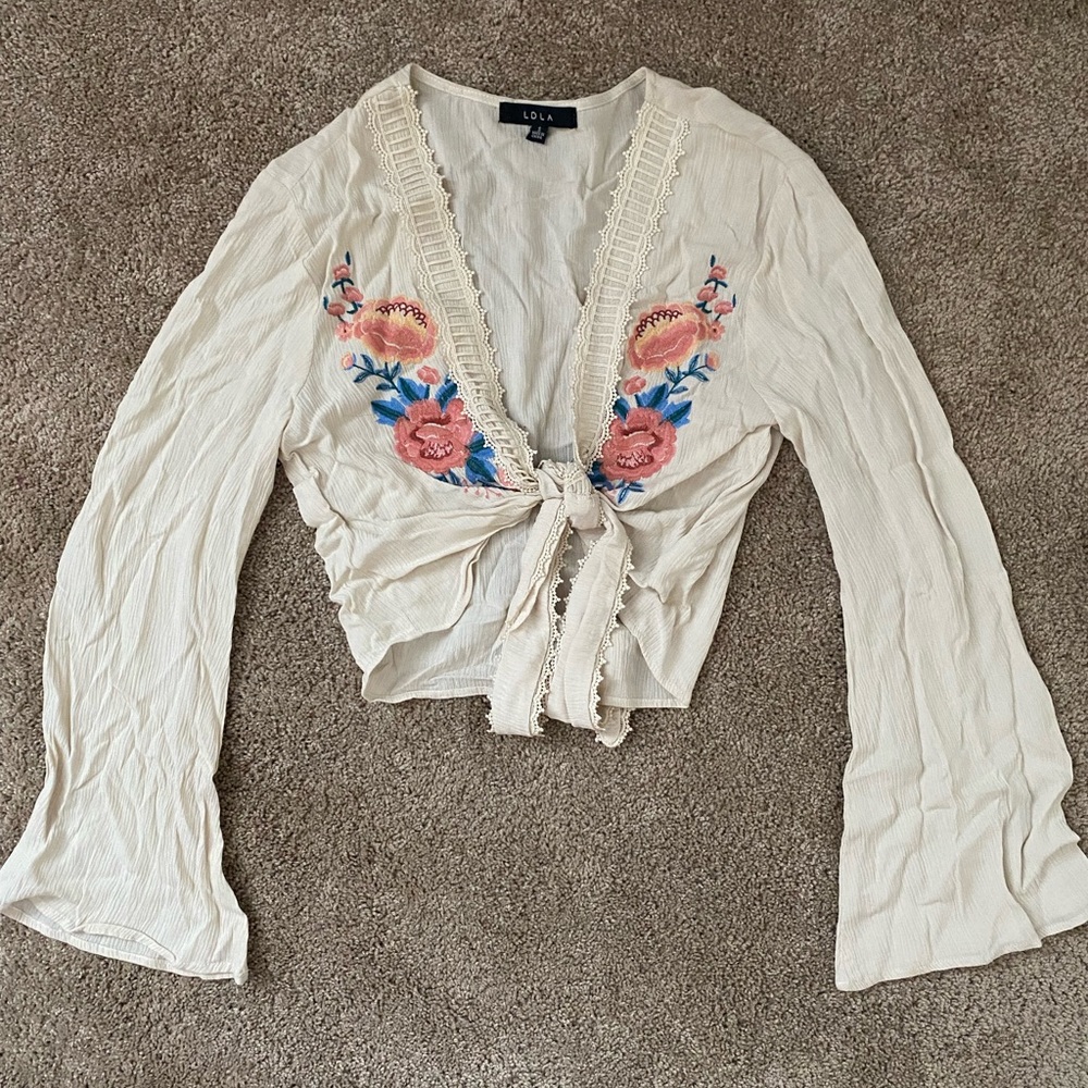 Tie front embroidered top